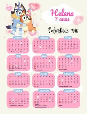 Calendário 2026 Bluey e Bingo Editável para Aniversário Infantil