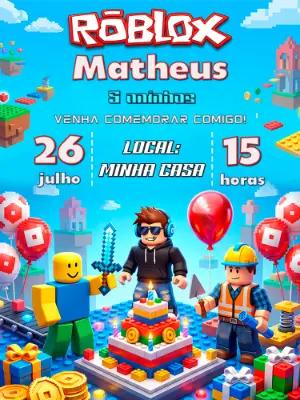 Convite de Aniversário Roblox Gamer Colorido para Editar