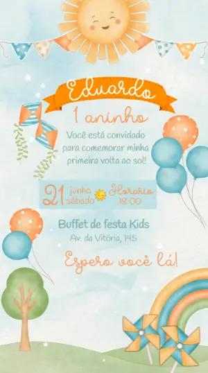 Convite de Aniversário Solzinho Laranja e Azul Editável