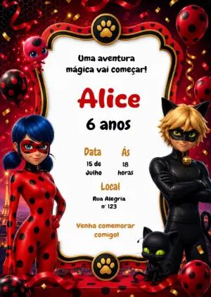 Convite de Aniversário Miraculous Ladybug e Cat Noir Editável