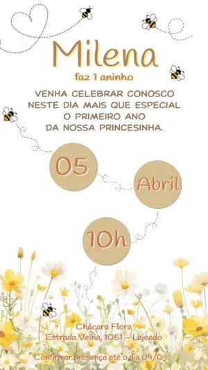 Convite de Aniversário Abelhinha com Flores Modelo Editável