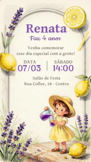 Convite Infantil Aquarela Limão e Lavanda para Editar
