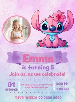 Pink Alien Birthday Invitation with Photo - Editable Template