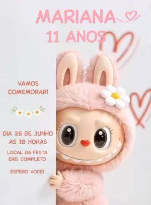 Convite de Aniversário Labubu Rosa para Editar Online