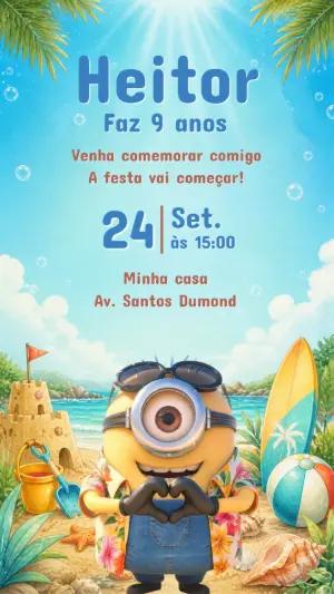 Convite de Aniversário Minions na Praia Editável