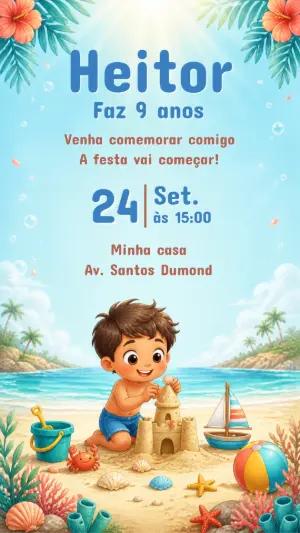 Convite de Aniversário Praia Menino | Modelo Editável