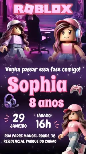 Convite de Aniversário Roblox Menina Gamer Rosa Editável