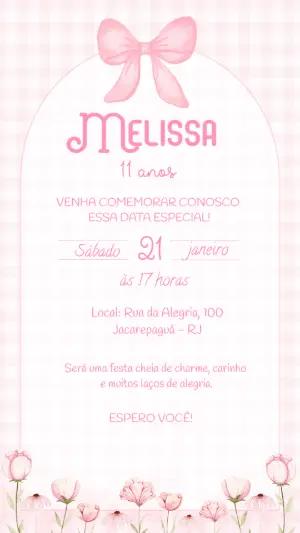 Convite de Aniversário Rosa com Laço e Floral para Editar