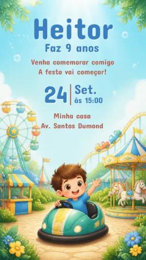 Convite de Aniversário Infantil Parque de Diversões Editável