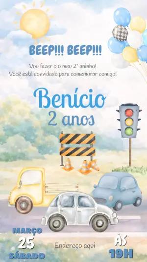 Convite de Aniversário Infantil Tema Carros Aquarela Editável