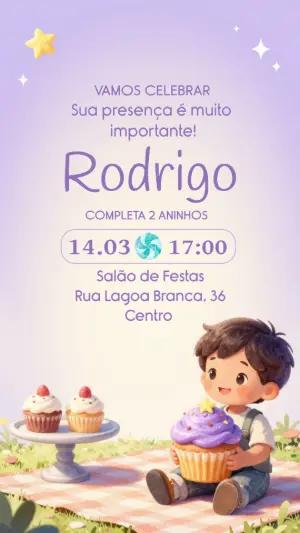 Convite de Aniversário Infantil Menino Cupcake Lilás Editável