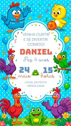 Convite de Aniversário Galinha Colorida Editável para Festa