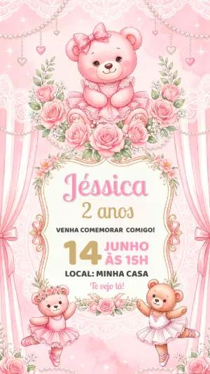 Convite de Aniversário Ursinha Bailarina Rosa Editável