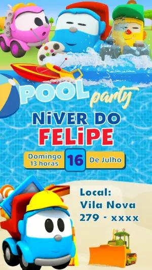 Convite Aniversário Infantil Léo o Caminhão Pool Party Editável