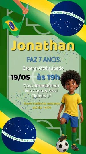Convite Aniversário Infantil Futebol Brasil 3D Editável