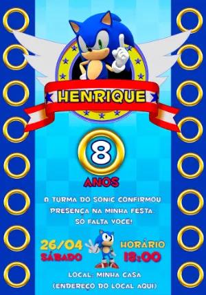 Convite de Aniversário Sonic para Editar e Imprimir Online