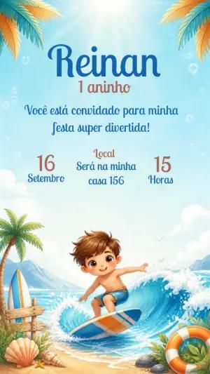 Convite de Aniversário Surfista Infantil para Editar Online