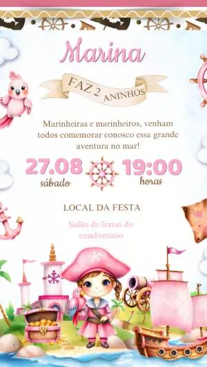 Convite Aniversário Pirata Marinheira Menina para Editar Online