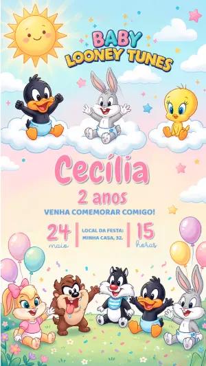 Convite de Aniversário Baby Looney Tunes Fofo para Editar