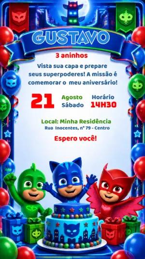 Convite de Aniversário PJ Masks Editável Online