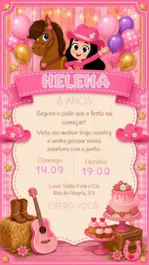 Convite de Aniversário Boiadeira Country Editável para Menina