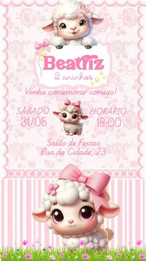 Convite de Aniversário Ovelhinha Rosa para Editar Online