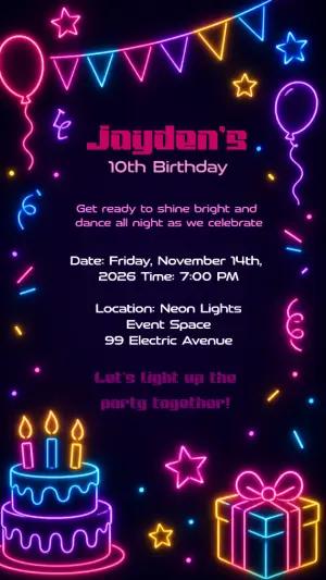 Neon Glow Birthday Party Invitation - Editable Digital Template