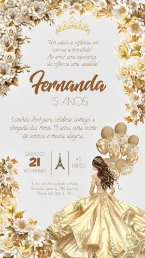 Convite de 15 Anos Dourado Princesa Parisiense para Editar