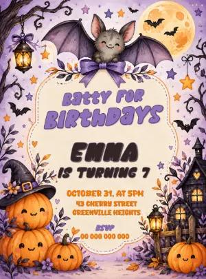 Cute Bat Halloween Birthday Invitation Editable Template