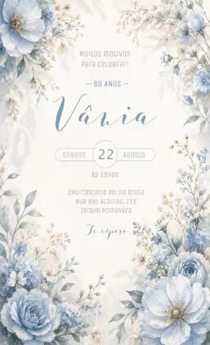 Convite de Aniversário Feminino Floral Azul Aquarela Editável