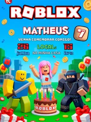 Convite de Aniversário Roblox com Personagens para Editar