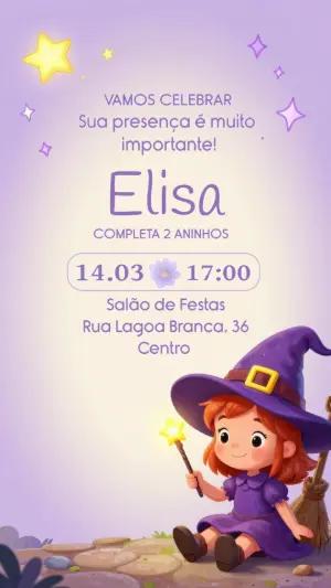 Convite Digital Aniversário Bruxinha Lilás para Editar