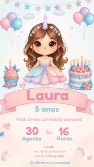 Convite Animado Aniversário Unicórnio Fofo para Editar