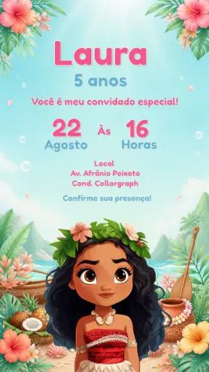 Convite de Aniversário Moana Baby Digital para Editar