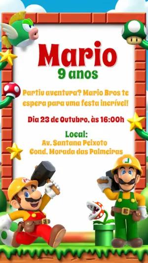 Convite de Aniversário Mario Bros para Editar Online