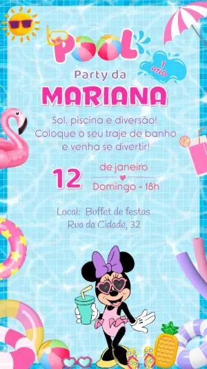 Convite de Aniversário Pool Party da Minnie Rosa Editável