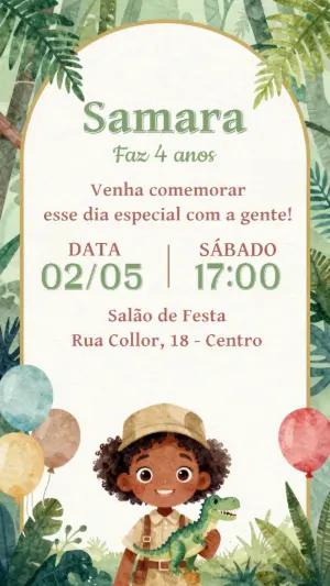 Convite Infantil Safari com Dinossauro Aquarela Editável