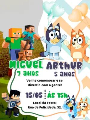 Convite Aniversário Duplo Minecraft e Bluey para Editar Online