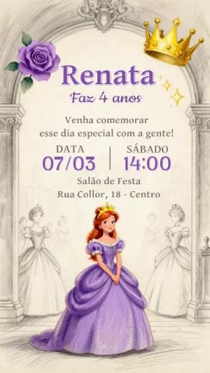 Convite de Aniversário Princesa Clássica Roxo para Editar