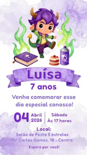 Convite de Aniversário Menino Dragão Roxo para Editar