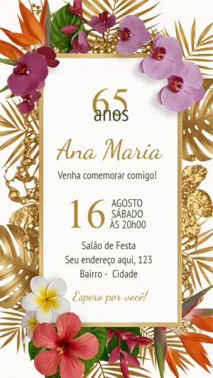 Convite de Aniversário Floral Tropical Dourado Editável