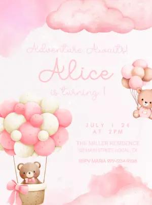 Teddy Bear Hot Air Balloon Birthday Invitation to Edit Online