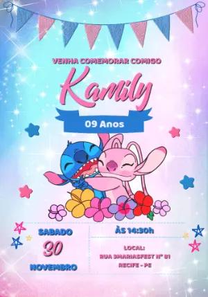 Convite de Aniversário Stitch e Angel para Editar Online