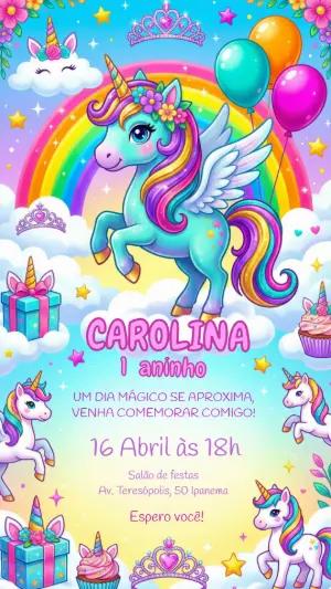 Convite de Aniversário Unicórnio Mágico Colorido para Editar