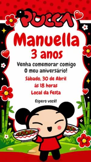 Convite de Aniversário Pucca Vermelho e Fofo para Editar