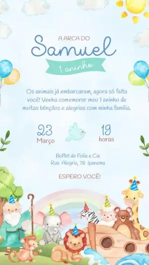 Convite de Aniversário Arca de Noé Aquarela Modelo Editável