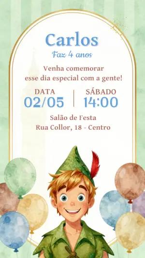 Convite de Aniversário Peter Pan Aquarela para Editar