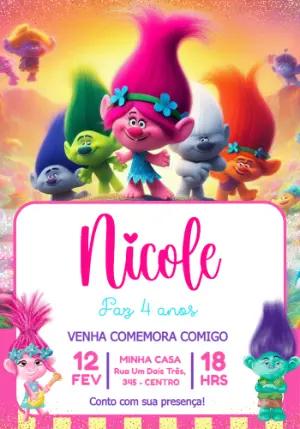 Convite de Aniversário Trolls Colorido para Editar