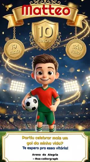 Convite Animado de Aniversário Infantil Tema Futebol para Editar