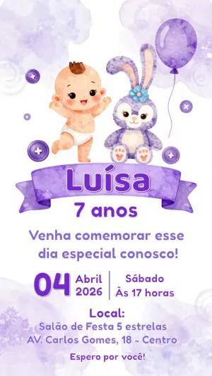 Convite de Aniversário Infantil Lilás com Coelhinha Editável